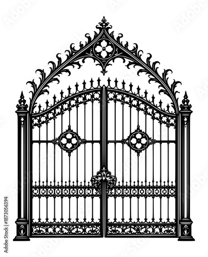 ornate black wrought iron gate with gothic arches and decorative scrollwork standing symmetrically as a luxury vintage entrance design isolated