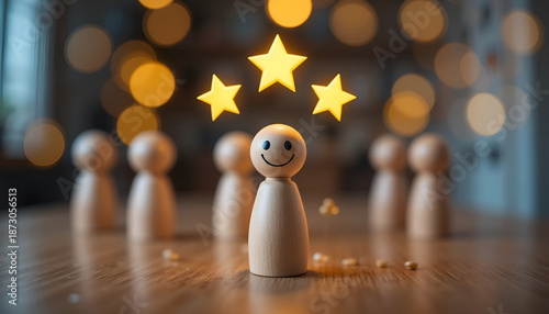 Customer feedback and employee recognition concept with three stars over smiling wooden figure for business reputation management website banner