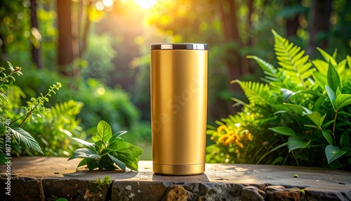 Elegant gold beverage container mockup displayed in vibrant natural setting for sophisticated product design and branding