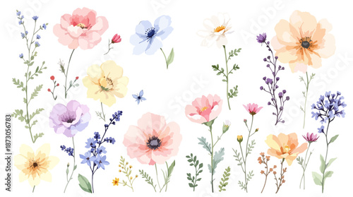 Seamless floral pattern vector illustration featuring a spring garden bouquet with pink roses, red poppies, daisies, and tulips on a nature wallpaper design