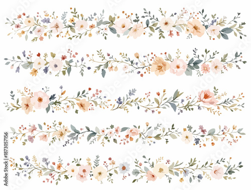 Soft Pastel Floral Border Strips for Wedding, Spring, and Fashion Design


