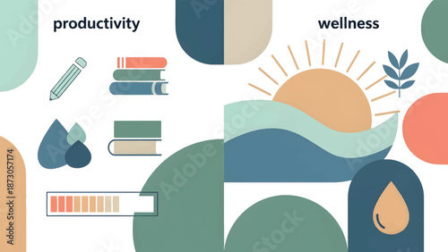 Abstract productivity and wellness icon illustration with modern symbols representing balance, health, creativity, habits, and daily lifestyle