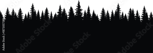 Pine Forest Silhouette Vector Featuring Evergreen Conifer Trees Panorama for Wilderness Nature Background, Mountain Landscape, Woodland Scenery, and Outdoor Adventure Design