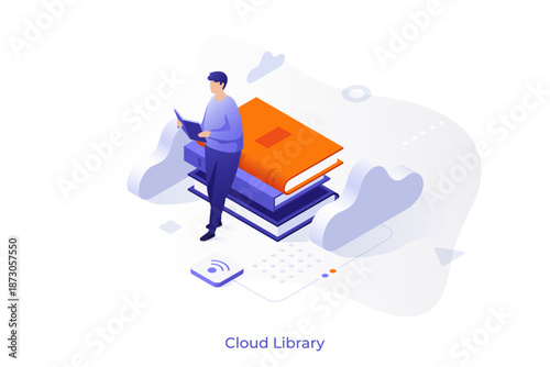 Concept with man sitting on giant books and reading. Scene for cloud library, online textbooks storage, internet service for readers. Isometric vector illustration.