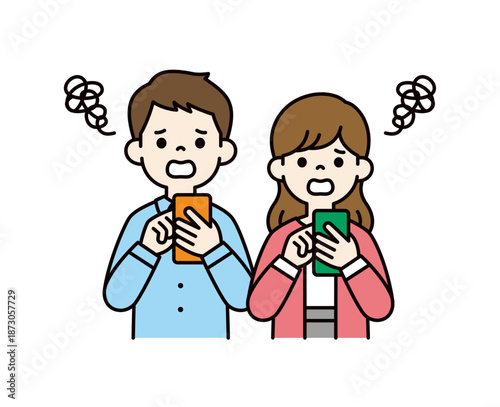 スマートフォンでトラブルが起こる、20代・30代の男性と女性のベクターイラスト素材セット＿カラー