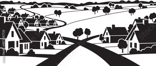 Black and white illustration of a suburban neighborhood scene