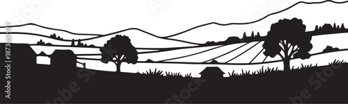 Serene countryside landscape with rolling hills and trees silhouette