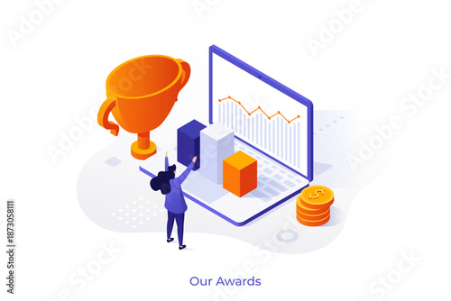 Happy businesswoman at laptop with profit growth diagram in cubes and winner cup. Commercial success concept isometric vector illustration. Stock market trader cartoon character color composition