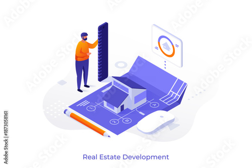Engineer with ruler standing by house model and blueprint. Real estate development isometric vector illustration. Builder with suburban cottage plan cartoon character scene