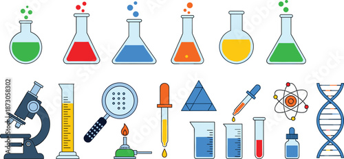 Laboratory equipment illustration, chemistry biology symbols, science experiment tools, educational design artwork, DNA helix, microscope, beakers, flasks, pipette, burner
