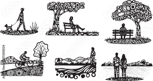 People enjoying outdoor activities in park scenery illustrations set