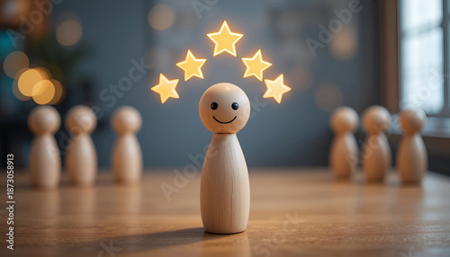 Customer satisfaction and employee recognition concept with five star rating on wooden figure for business excellence website banner
