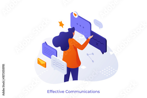 Isometric vector illustration with woman communicating through speech bubbles and messages. Social media interaction and digital dialogue concept. Communication technology for networking.