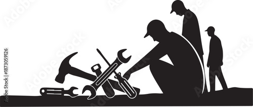 Silhouette of workers with tools on construction site background