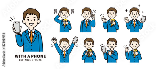 スマホを持った若いビジネスマンの様々な表情・ポーズのベクターイラスト素材セット＿カラー