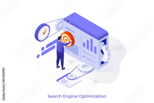 Man optimizing web content for search engine to improve ranking. SEO strategy for website promotion using isometric vector illustration.