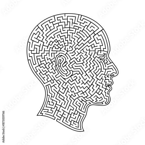 Intricate maze design illustrating the human head, symbolizing complex thoughts and problem-solving, perfect for visualizing mental challenges and creativity.