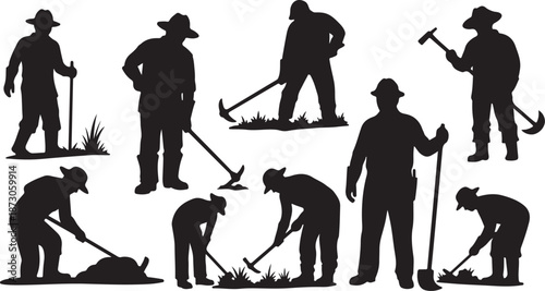 Silhouettes of farmers working in the fields with tools