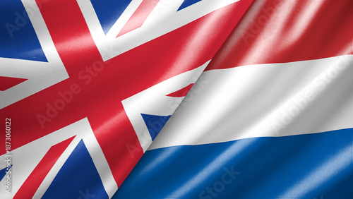 United Kingdom UK and Netherlands two national flags filling the entire frame, close-up view, edge-to-edge composition
