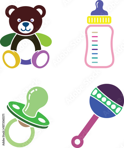 Colorful baby nursery icons set with a cute teddy bear feeding bottle pacifier and rattle toy illustration for newborn kids shower card design and childhood.