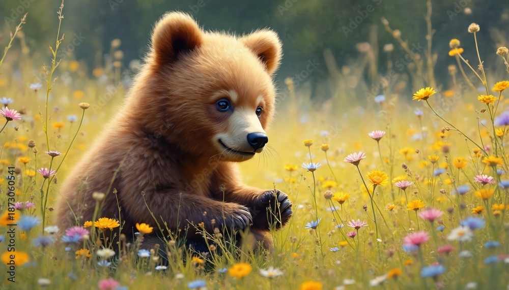 Obraz premium Sweet little brown bear cub sits happily in vibrant field of bright colorful wildflowers. Young furry animal enjoys warm sunny day outdoors, exploring green grass. Cute wild mammal looks innocently.