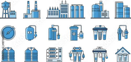 Water, treatment, purification, system, icons, filtration, infrastructure, industrial, facility, tanks, filters, reverse, osmosis, pressure, gauge, household, clean, 