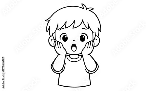 Surprised cartoon boy with hands on cheeks and mouth open in shock