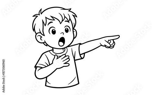 Cartoon boy pointing with surprise and hand on chest, black and white illustration