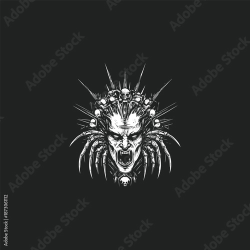 Terrifying monster head with spiked crown and creepy insects in a vintage hand drawn engraving style