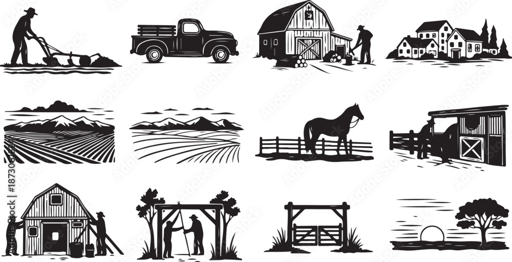 Obraz premium Farm and agriculture icons in black and white illustrations
