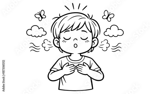 Child practicing deep breathing exercises with hands on chest, feeling calm