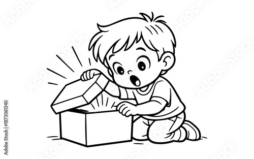Surprised cartoon boy opening a glowing gift box with wonder and excitement