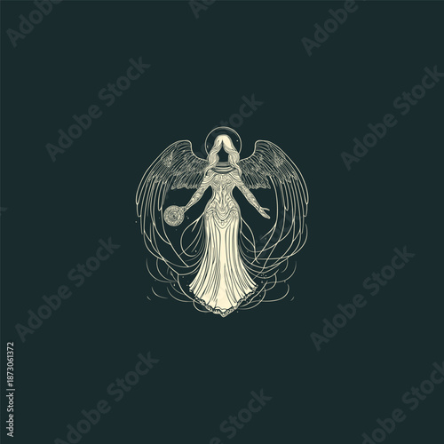 Ethereal winged angel or goddess figure with flowing robes in a vintage hand drawn engraving style