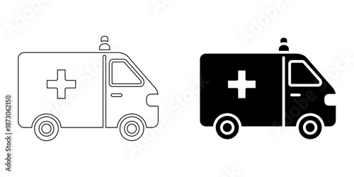 Ambulance medical emergency vehicle icon, line and solid style vector illustration.
