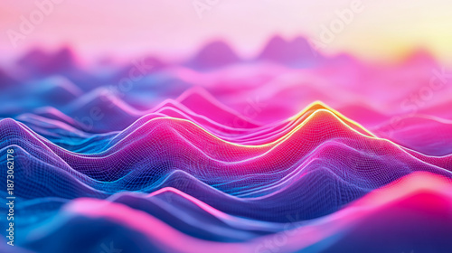 Vibrant Digital Peaks: Luminous Abstract Landscape of Undulating Wireframe Waves in Neon Pink and Blue Gradients with Glowing Edges, Symbolizing Modern Data Flow Technology