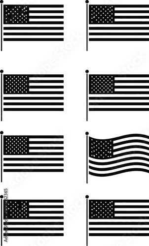 Black and white american flags poles in various positions