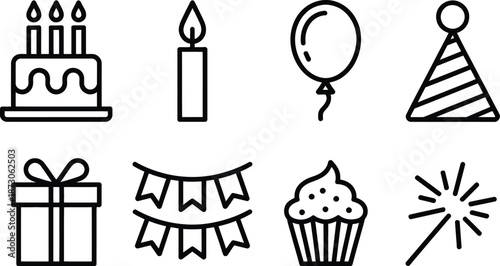 Black and white line of birthday including cake candle balloon hat gift banners cupcake explosion