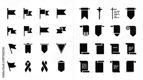 Black and white of flags and banners white ribbons