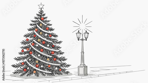 Festive Christmas Tree and Streetlight Illustration.
