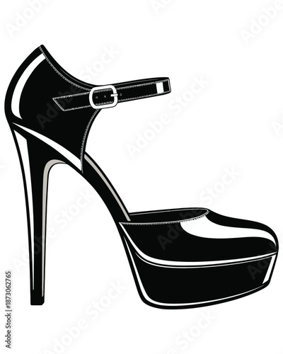 Black heel shoe with strap and buckle