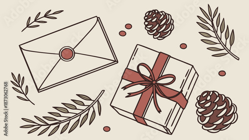Festive Holiday Greetings Gift Letter and Pine Cones.