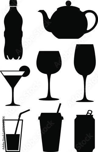 Black silhouettes of various drinkware and a teapot white bottle