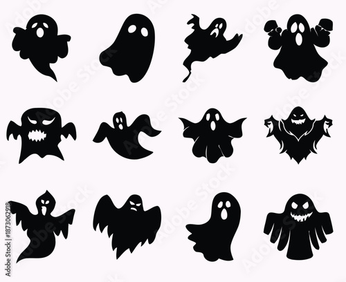 Black silhouettes of various ghosts and bats white