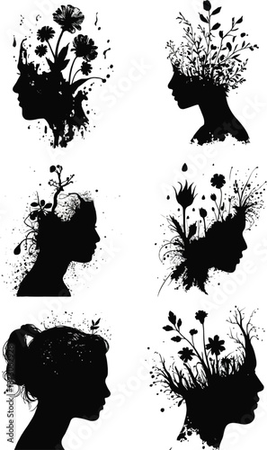 Black silhouettes of women's heads with flowers and plants growing out of them