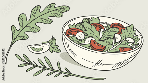 Fresh Arugula Salad with Tomatoes and Radishes Illustration.