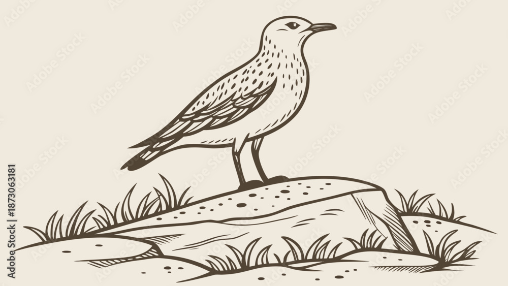 Fototapeta premium Seagull Perched on Rock Detailed Line Art Illustration.