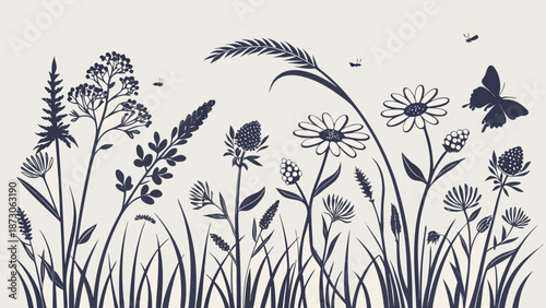 Silhouette Meadow Wildflowers and Butterfly in Monochrome Design.