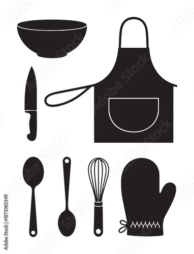 Black silhouettes of kitchen utensils and apron white bowl knife