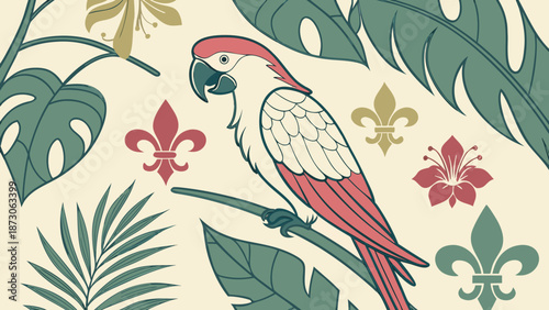 Tropical Parrot Illustration with Exotic Floral and Foliage Accents.