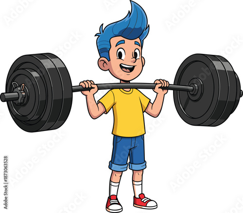 Cartoon weightlifter character, fitness illustration, strong pose, gym workout, barbell lift, sporty style, animated strength, exercise fun, healthy lifestyle, training moment